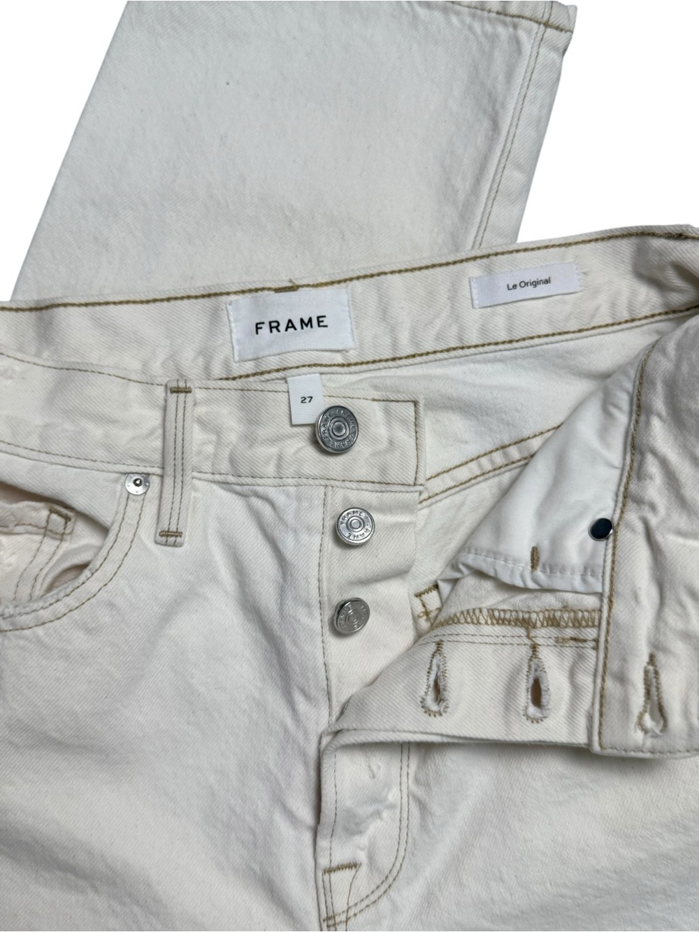 FRAME Le Original Distressed Ecru High Rise Straight Leg Jeans Size 27 - Picture 4 of 7